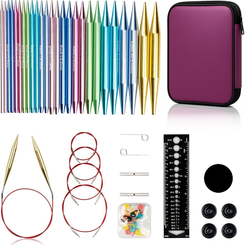New Interchangeable Aluminum Circular Knitting Needles Set - 13 Pairs of 4 Inch